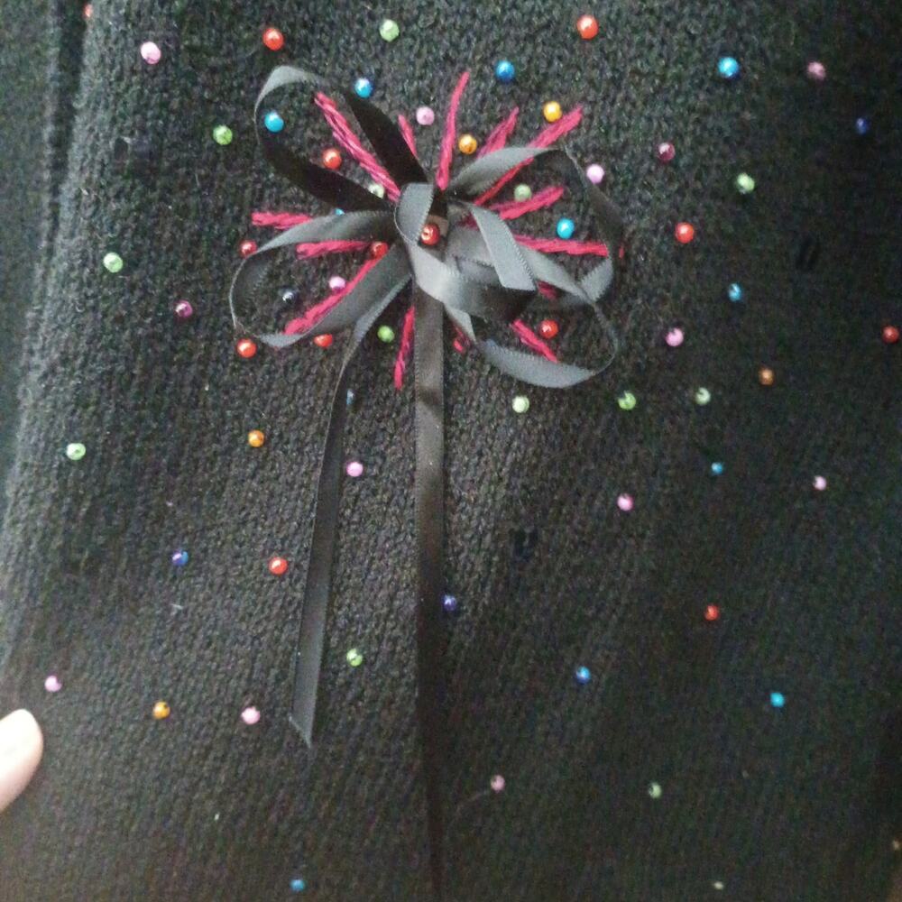 Vintage Ann Trinity Black Knit Cardigan Multicolored Beaded "Firework" Sweater